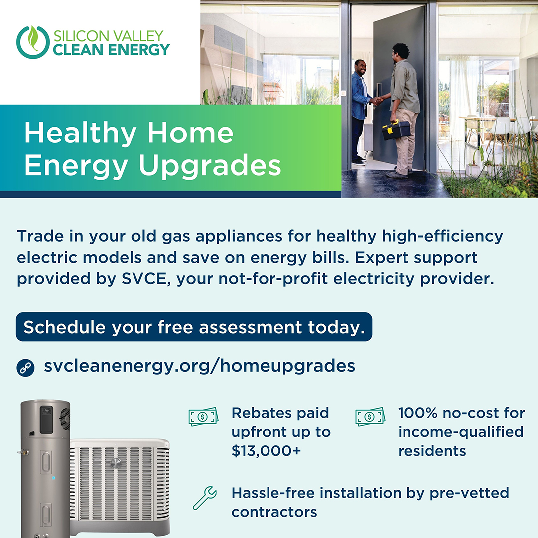 Promotional graphic for Silicon Valley Clean Energy offering energy upgrades. Highlights include rebates, free assessments, and hassle-free installation.