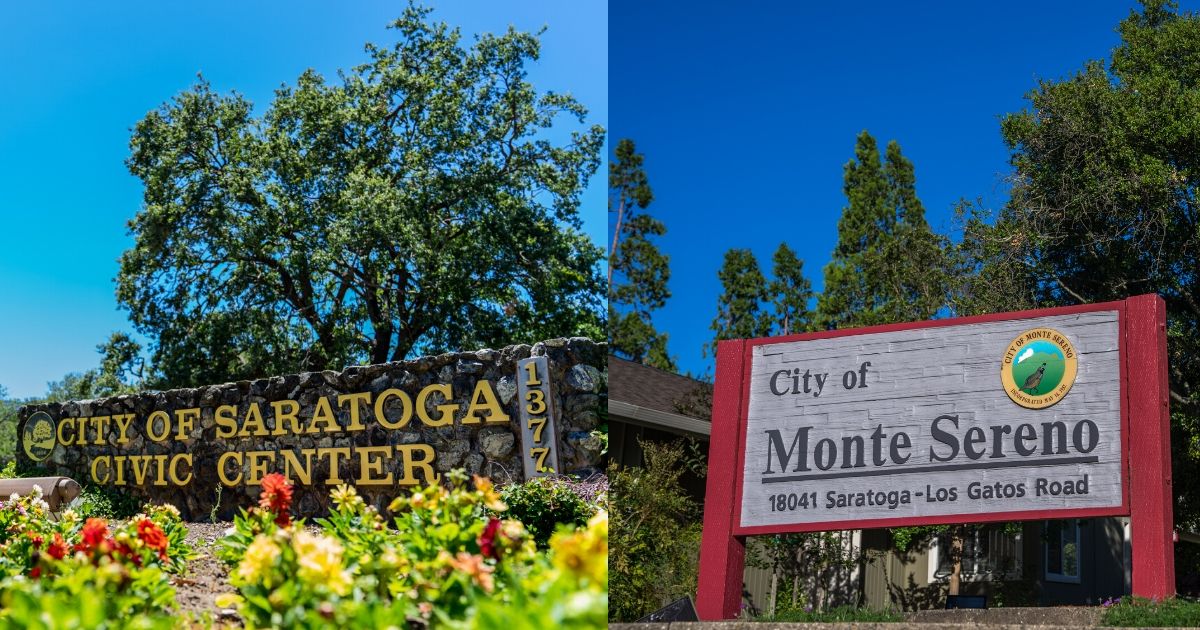 Signs for the city of Saratoga next to a sign for the City of Monte Sereno
