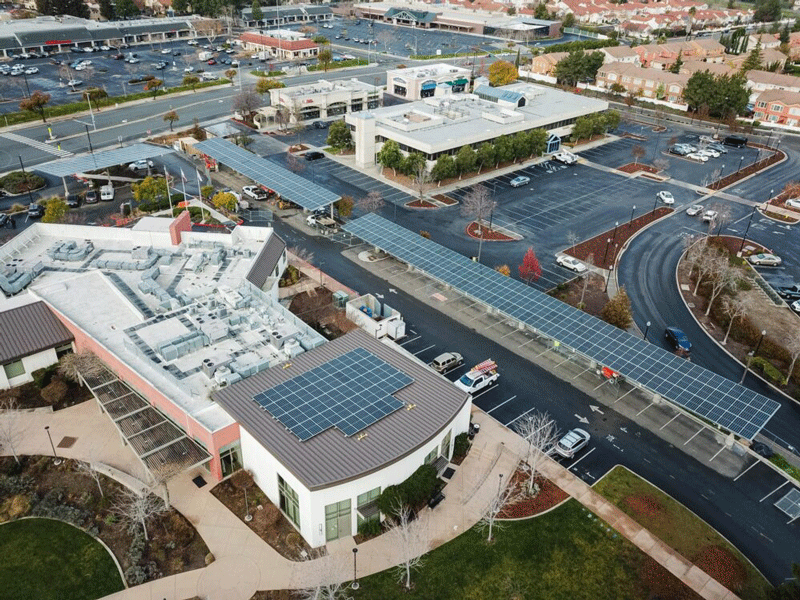 Overhead image of Milpitas senior center with solar panels